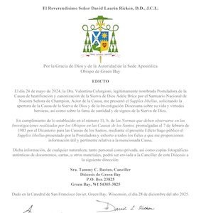 El Obispo Ricken Emite Un Edicto Con Respecto a Adele Brice